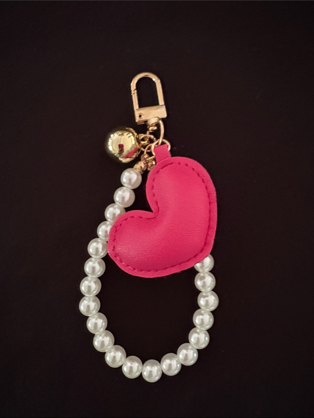 Pink Heart Pearl Wristlet Zipper Pull Keychain with Gold Accent